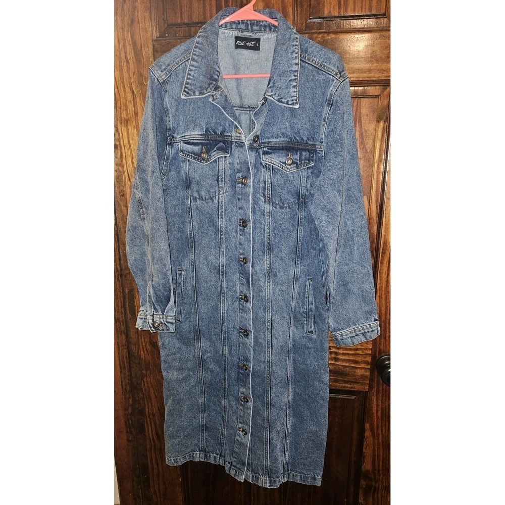 Blue Age Women Longline Denim Jacket Oversized Jean Duster Trench Acid Wash L
